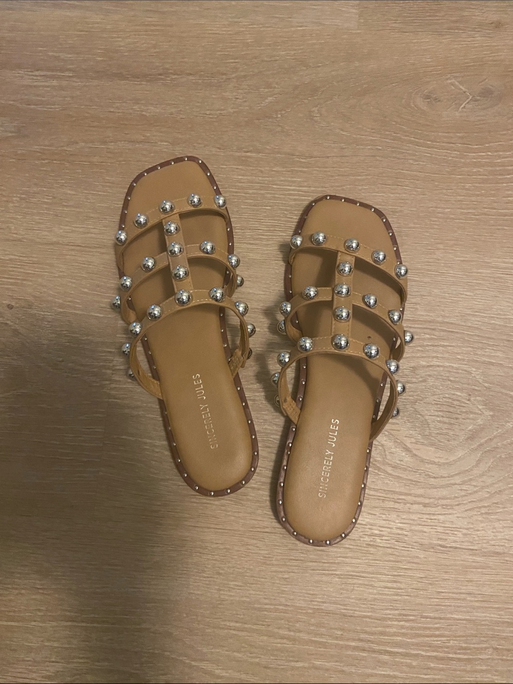 Sincerly Jules Tan Pearl-Stud Slide Sandals